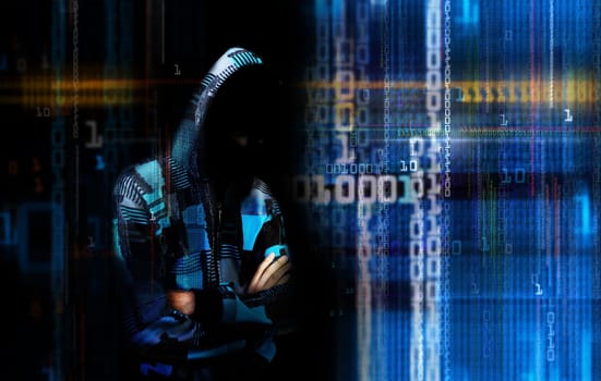 An adult online anonymous internet hacker with invisible face in urban environment and number codes illustration concept. Mixed media.