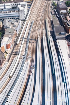 Aerial view of train track and train station in London England