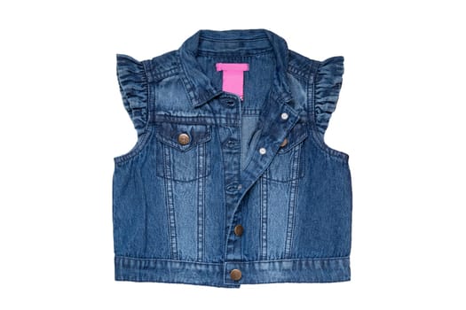 Jeans vests fashion. Sleeveless blue jeans vest or jacket for the little girl isolated on a white background. Top view front.