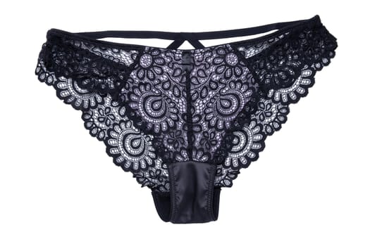 Underwear woman isolated. Close-up of luxurious elegant black lacy thongs panties isolated on a white background. Underwear fashion.