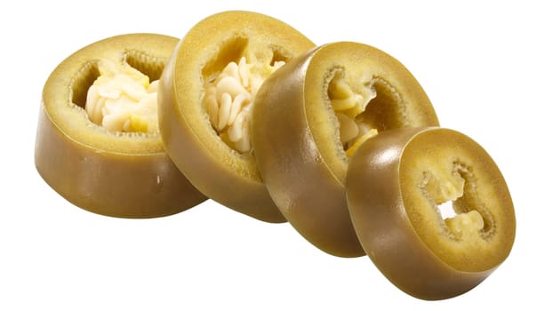 Pickled or Canned Jalapeno pepper rings or round slices, pile of