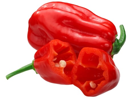 Zavory Habanero chile pepper (Capsicum chinense fruit), whole and halved ripe pods
