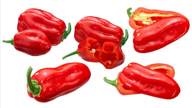 Zavory Habanero chile pepper (Capsicum chinense fruit), whole and halved ripe pods
