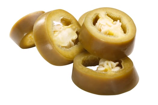 Pickled or Canned Jalapeno peppers rings or round slices, pile of
