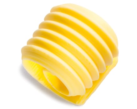 Butter curl or roll isolated on white, top view