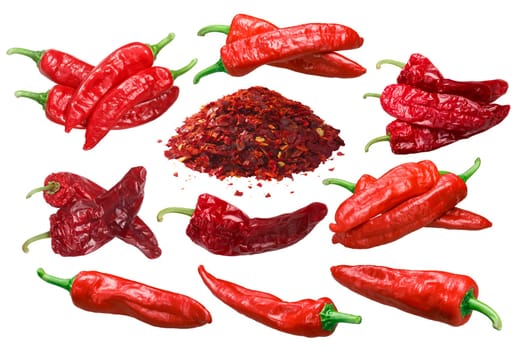 Aleppo peppers (Capsicum annuum), fresh overripe whole pods, dried, crushed