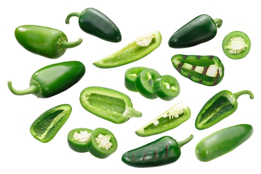 Jalapeno chile peppers (Capsicum annuum fruits), whole, sliced and chopped, grilled, rings and quarters