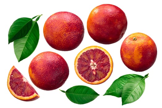 Blood oranges (Citrus x sinensis fruits), whole, halved and slices
