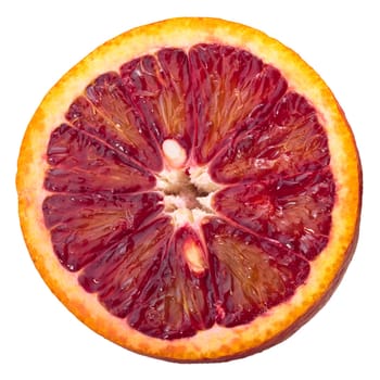 Blood orange (Citrus x sinensis fruits), slice, wheel or ring, top view