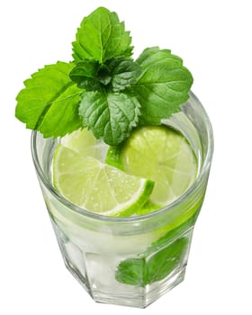 Mojito, a cocktail with rum, lime and mint, top view, isolated on white