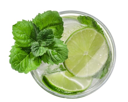 Mojito, a cocktail with rum, lime and mint, top view, isolated on white