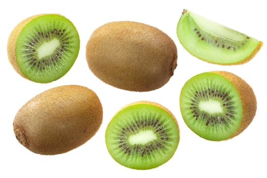 Kiwifruit or Chinese Gooseberry (Actinidia deliciosa fruits), whole, halves and slices