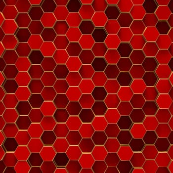 Abstract minimalistic modern technological background with red hexagon cells and gold frames of honeycombs.