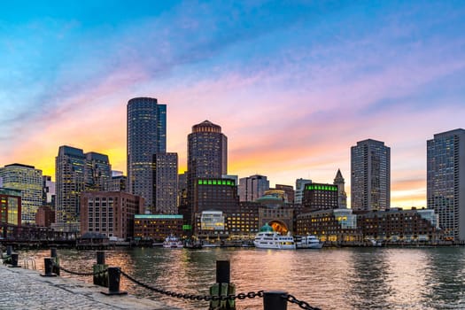Boston Downtown skylines building cityscape sunset at Boston city, MA, USA.