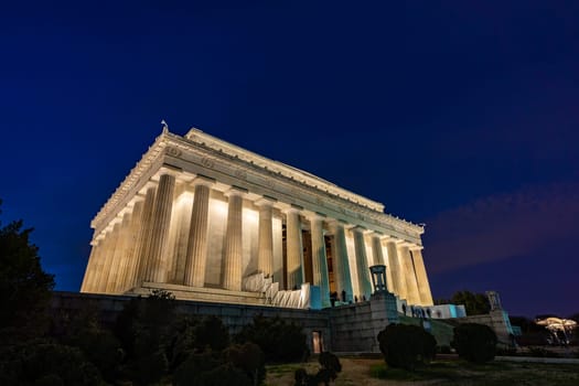 Lincoln Memorial building in Washington DC USA at night sunset.