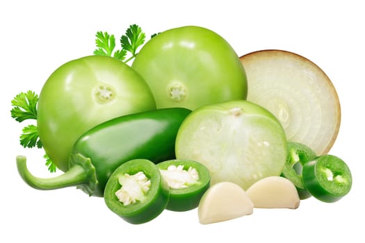 Ingredients for Salsa Verde sauce: tomatillos, onion, Jalapeno peppers and garlic, cilantro
