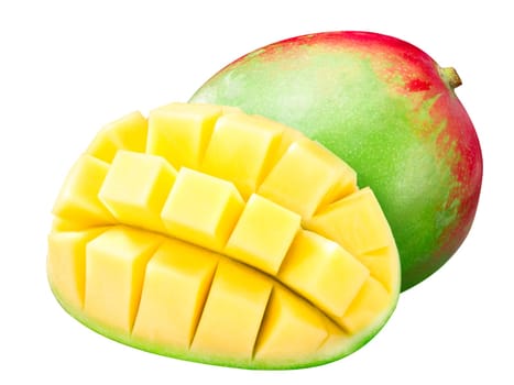 Mango (fruit of Mangifera indica), whole and cube styled