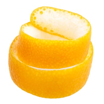 Twisted orange peel stripe or zest decoration isolated on white