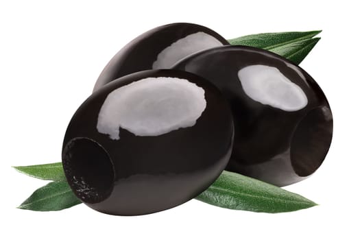 Black pitted olives (oxidized fruit of Olea europaea), with leaves, group of three