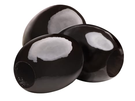 Black pitted olives (oxidized fruit of Olea europaea), group of three