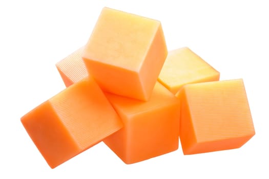 Cheddar cheese cubes, pile of, isolated on white, shadowless