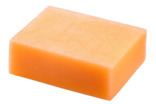 Cheddar cheese rectangular block or piece isolated on white, shadowless, with annato