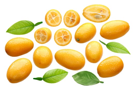 Kumquats (Citrus japonica fruits) whole, sliced and halved, leaves