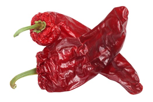 Dried Aleppo pepper, whole pods crossed, top view