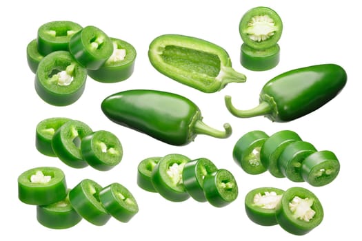 Jalapeno chile peppers (Capsicum annuum fruits), whole, sliced and chopped