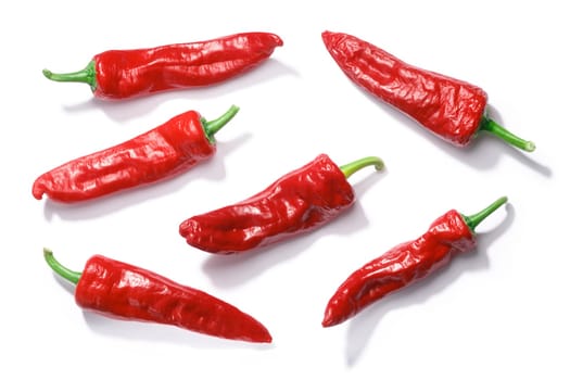 Aleppo pepper (Capsicum annuum), fresh overripe whole pods, top view
