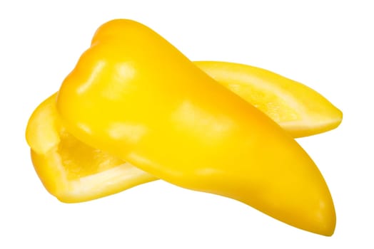 Golden yellow bell pepper slices crossed (Capsicum annuum), top view