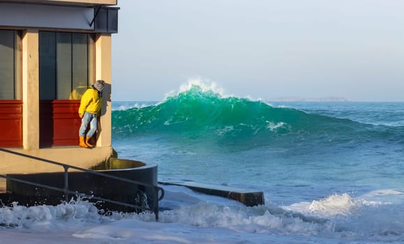 The coming wave, shot during the high tides of Saint-Malo in february 2019, Brittany, France