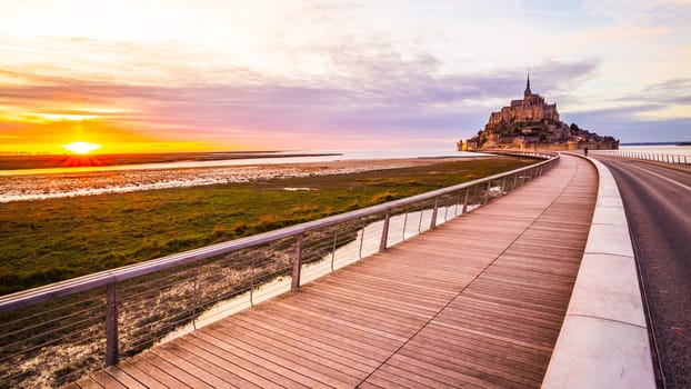 Mont-Saint-Michel sunset from the bridge, Normandy, France