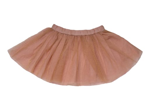 Girls clothes. Festive beautiful brown glistening little girl short summer skirt isolated on a white background. Ballerina kids clothes.