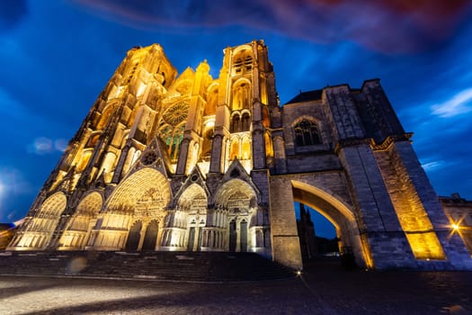 West facade of Saint-Etienne Cathedral at dusk, Bourges, Centre-Val de Loire, France