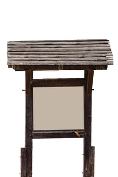 A vintage wooden brown stand with an empty bright information board isolated on a white background. Food recipe or other advertising.