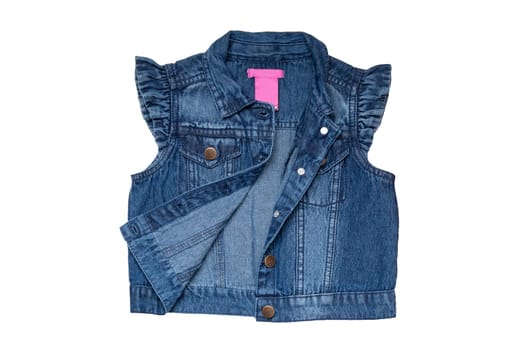 Jeans vests fashion. Sleeveless blue jeans vest or jacket for the little girl isolated on a white background. Top view front.
