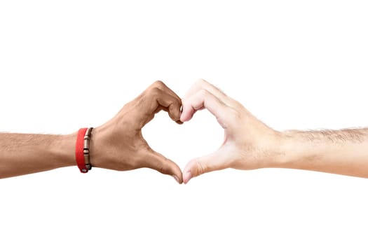 Couple of gay making a heart sign by hand isolated over white background
