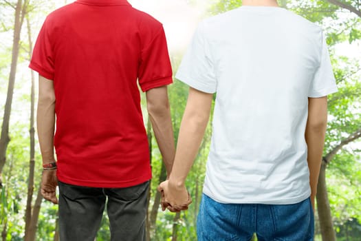 Rear view of gay couple holding hands together standing on the park. LGBT concept