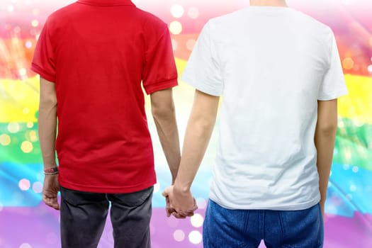 Rear view of gay couple holding hands together standing with rainbow flag background. LGBT concept