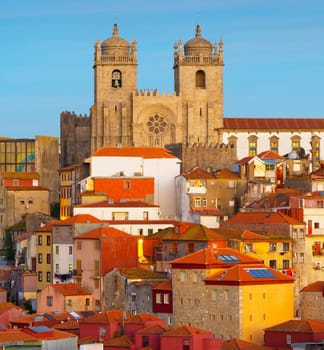 Twilight view of Ribeira historical district. Porto, Portugal