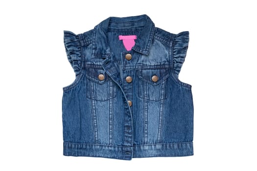 Jeans vests fashion. Sleeveless blue jeans vest or jacket for the little girl isolated on a white background. Top view front.