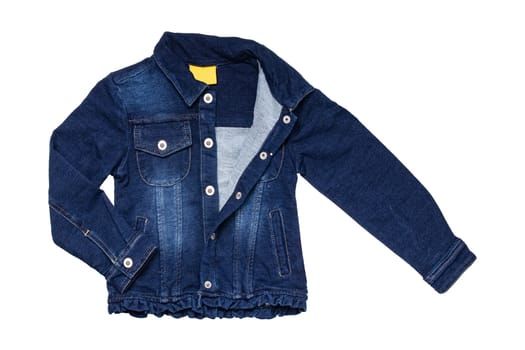 Kids jeans jacket isolated. A stylish fashionable denim dark blue jacket with a light blue lining for the little girl. Children jeans fashion.