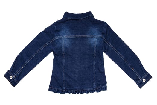 Kids jeans jacket isolated. A stylish fashionable denim dark blue jacket with a light blue lining for the little girl. Children jeans fashion. Back view.