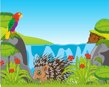 Vector illustration of the beautiful landscape of the waterfall in tropical jungle