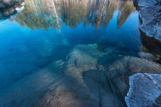 Crystal pure water of blue lake in Altai mountains