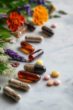 Supplements and vitamins with medicinal herbs. Selective focus. Generative AI, medical