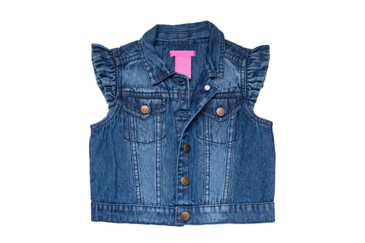 Jeans vests fashion. Sleeveless blue jeans vest or jacket for the little girl isolated on a white background. Top view front.
