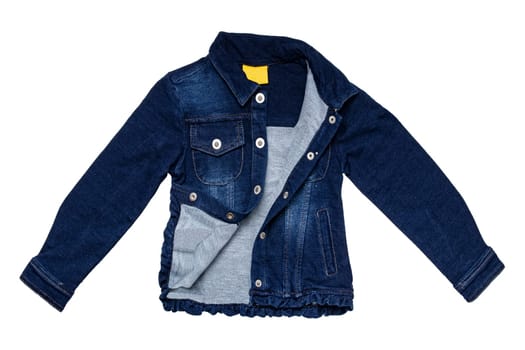Kids jeans jacket isolated. A stylish fashionable denim dark blue jacket with a light blue lining for the little girl. Children jeans fashion.