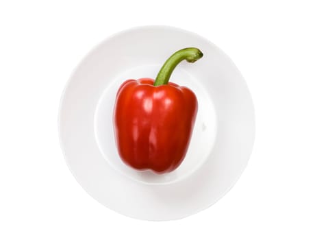 single red bell pepper on white plate isolated on white background